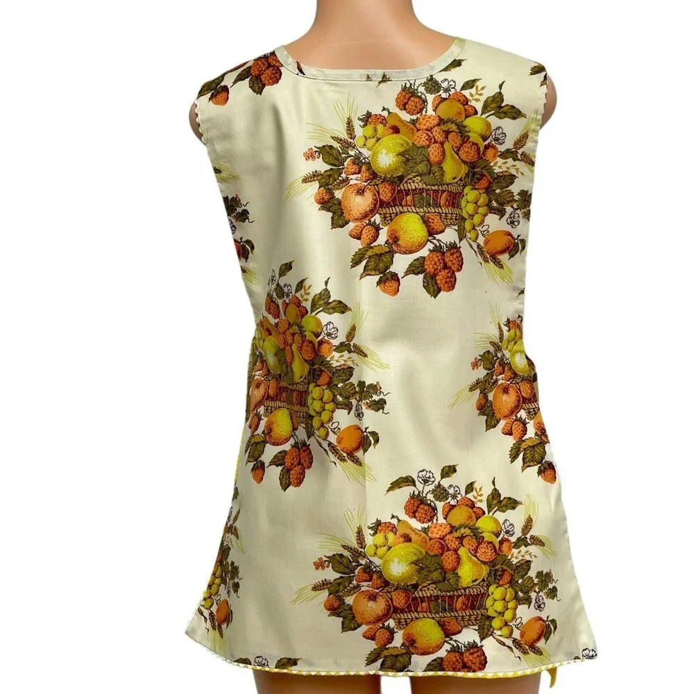 Women Yellow Orange Reversible Bib Apron Fruit Floral Pattern Vintage Autumn - Picture 7 of 14